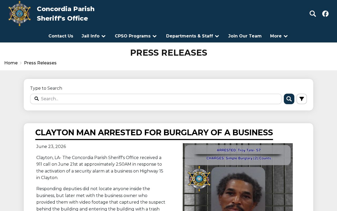 Concordia Parish official arrest press release archive
