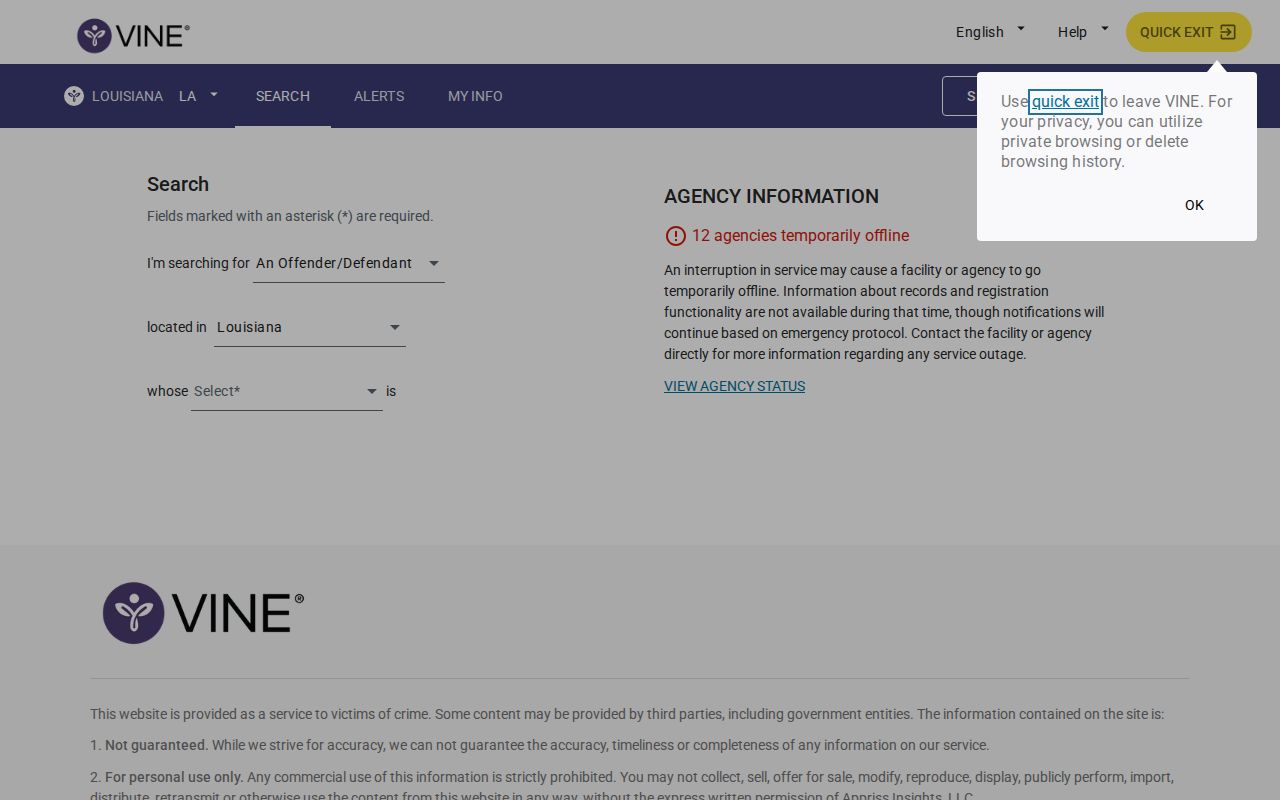 VINELink Louisiana person search fields
